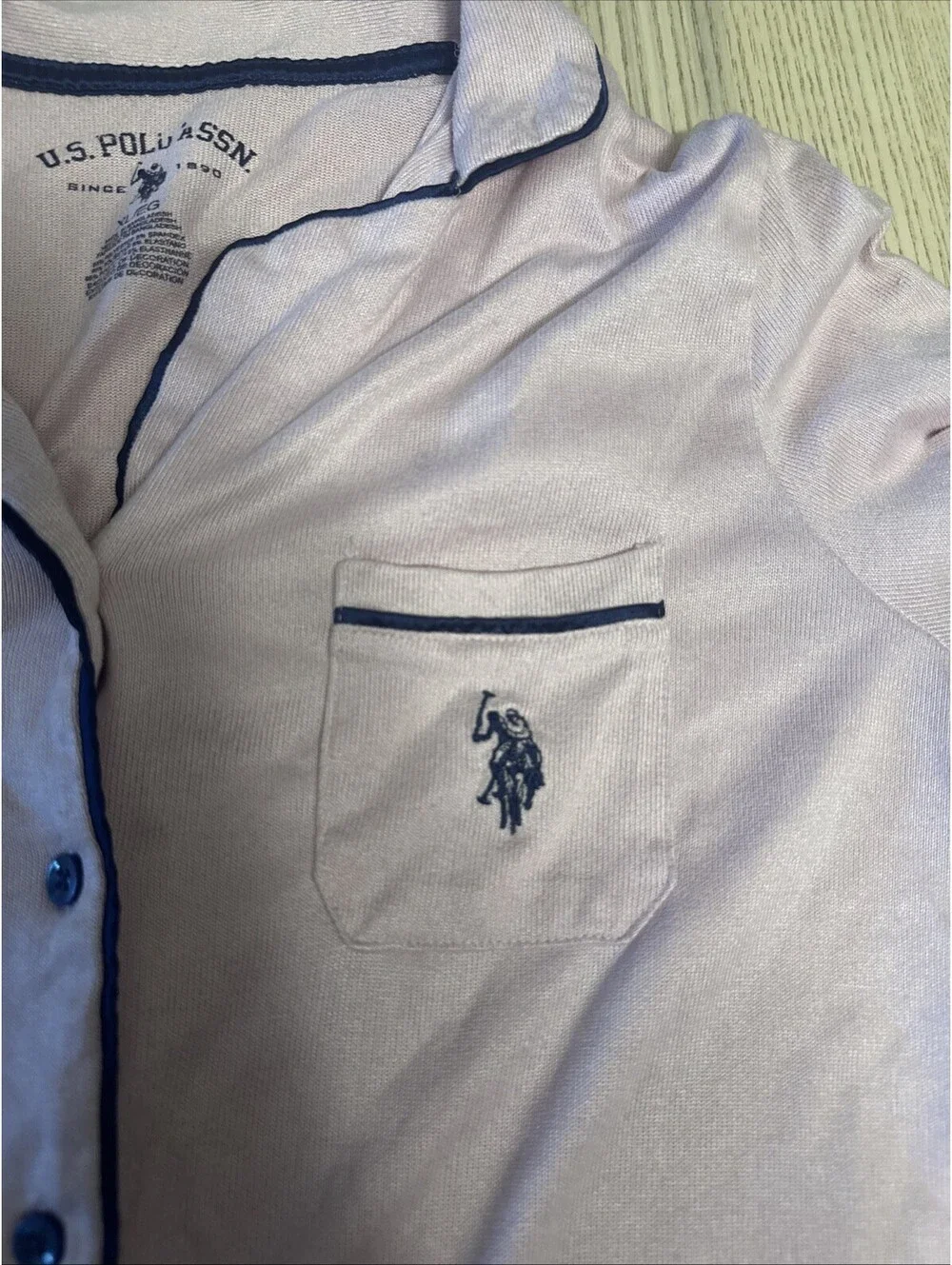 US Polo Assn Women’s Pajama Set Pink Navy Blue Piping Button Up Long Sleeve XL